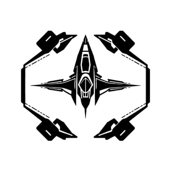 Futuristic, symmetrical, black and white illustration of a spacecraft with winglike attachments, featuring geometric and angular designs. vector