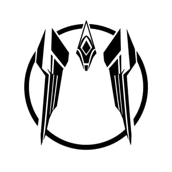 Symmetric, Minimalist, Black and White Abstract Crest Featuring Geometric Shapes within a Circular Frame, Futuristic and Symbolic. vector