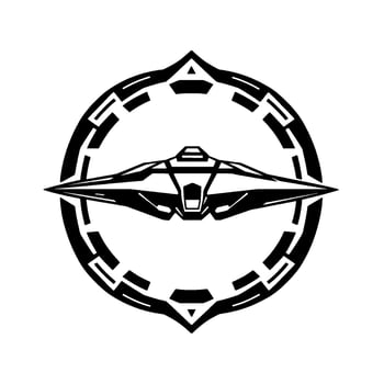 Bold black and white illustration of a futuristic spaceship within a geometric circular emblem, symbolizing technology and flight. vector