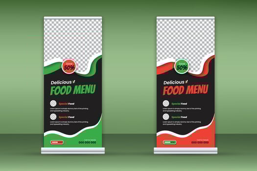 Delicious food menu roll-up banner design template for restaurant in green and red color bundle on white background, modern and special fast food menu design pull-up banner for business promotion set vector
