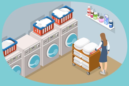3D Isometric Flat Conceptual Illustration of Hotel Laundry Staff, Cleaning Service vector