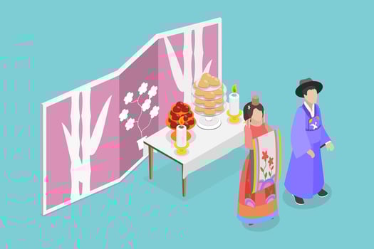 3D Isometric Flat Conceptual Illustration of Korean Wedding, Couple Wearing Traditional Costumes vector