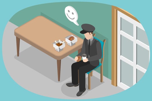 3D Isometric Flat Conceptual Illustration of Security Guard Having Lunch, Policemen in Uniform. vector