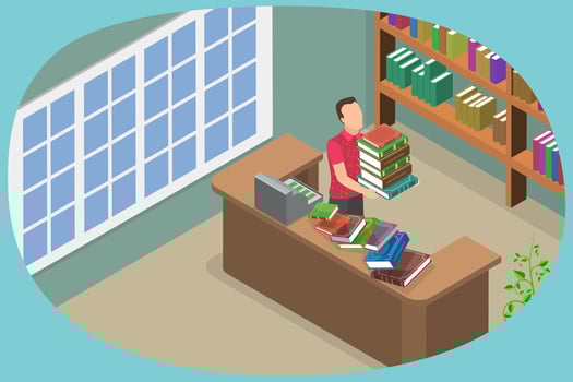 3D Isometric Flat Conceptual Illustration of Bookstore or Libriary, Shelves and Books vector