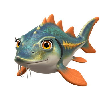 Cartoon Sturgeon Character with Big Eyes and Bubble on White Background png