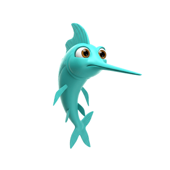 Cartoon Swordfish Character with Big Eyes Illustration Isolated on White png