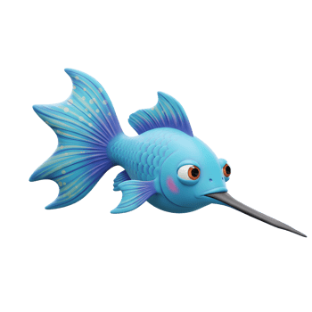 Cartoon Fish Character Illustration with Long Nose and Blue Scales png