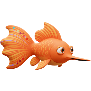 Cartoon Orange Fish Swimming with Long Nose and Big Eyes png