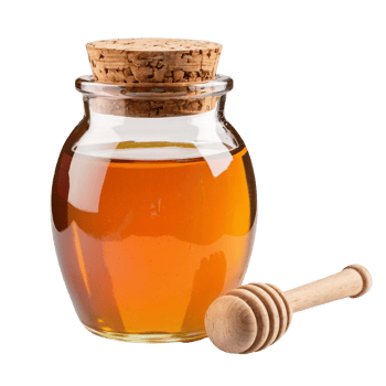A glass jar filled with golden honey is sealed with a cork lid, and a wooden honey dipper lies beside it cutouts png