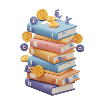 Stack of Finance Books with Currency Symbols and Coins Illustration png