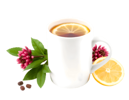 Cup of tea with lemon and flowers on a transparent background png