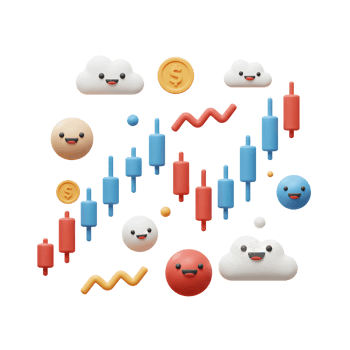 Cute 3D Candlestick Chart with Smiling Faces and Coins for Finance png