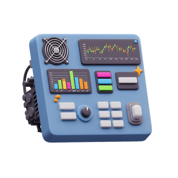 Cartoon Control Panel with Stock Data Charts and Buttons png