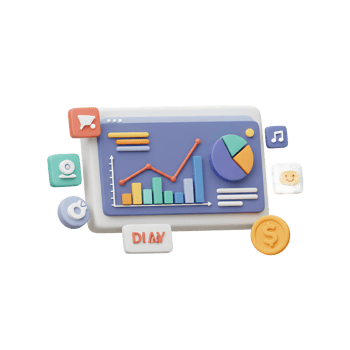 Analyzing Business Performance Data Charts and Social Media Icons Illustration png