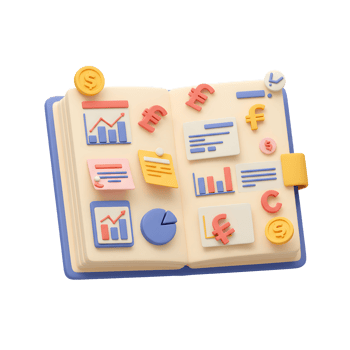Open Finance Notebook with Charts, Currency Symbols, and Financial Data png
