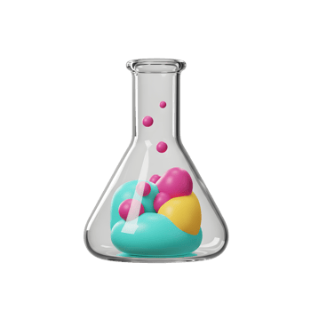 Laboratory Glassware with Colorful Spheres and Abstract Shapes Inside png