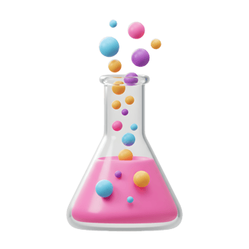 Colorful Spheres Mixing into Pink Liquid in Glass Beaker for Chemistry png