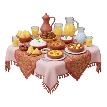 Traditional Ramadan Iftar Meal with Dates, Rice, Juice and More png