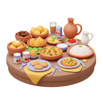 Festive Iftar Table Setting with Traditional Foods in Cartoon Style png