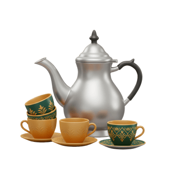 Elegant Silver Teapot with Decorative Cups and Saucers Still Life png