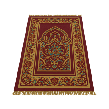Ornate Burgundy Prayer Rug with Golden Floral Design and Fringes png
