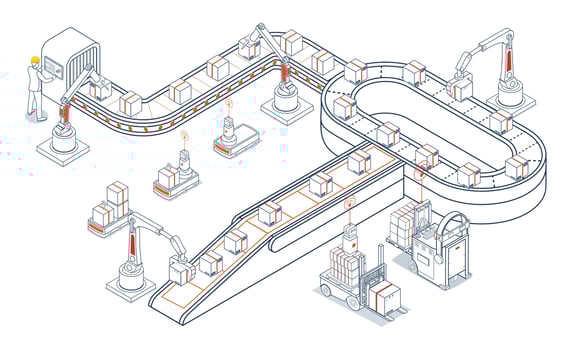 Smart logistics integrates automation, skilled labor, AGV, AMR and wireless transport, using Industry 4.0 technologies to optimize material handling and supply chain operations. vector