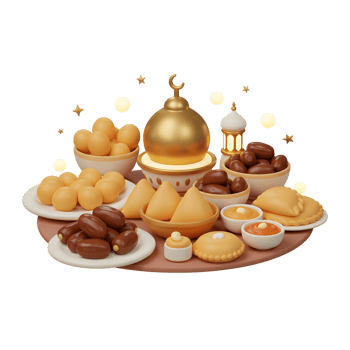 Delicious Ramadan Iftar Food Arrangement with Dates and Golden Dome png