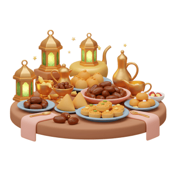 Ramadan Feast with Dates Lanterns and Middle Eastern Sweets Render png