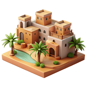 impressive classic Desert Oasis Town Adobe Buildings and Palm Trees premium png