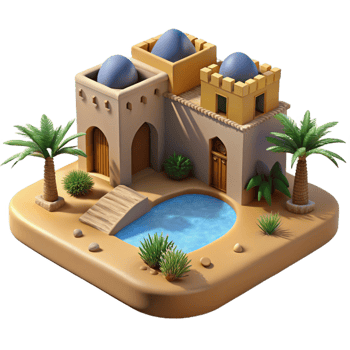dramatic minimalist A Desert Oasis with Traditional Mud Bric authentic png