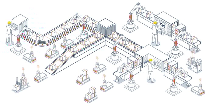 Automated Warehouse and Transport Operations using AGVs Automated Guided Vehicles and AMRs vector