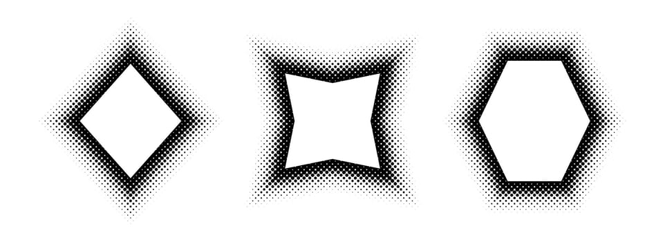 Black halftone geometric frame set. Dotted gradient border collection. Pop art comic picture holder design for banner template, copy space, emblem, poster element. Rasterized geo framing pack vector