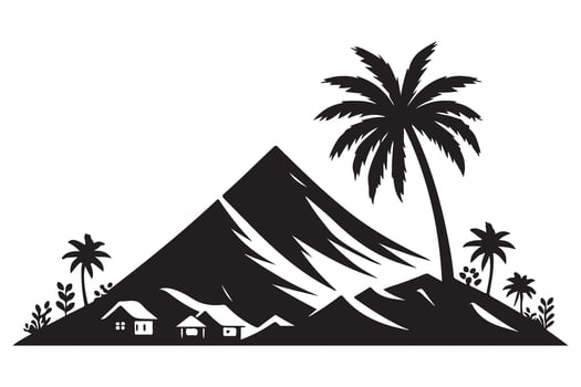 Mountain Scenery with Asian Village and Palm Trees Silhouette Artwork vector