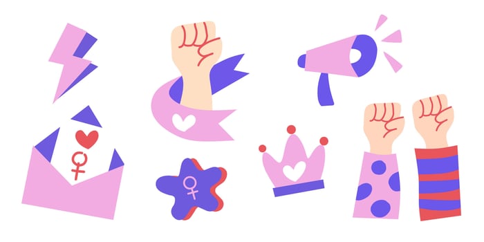 Set of happy international woman day doodles, girls hands solidarity cartoon elements, clip art for stickers, prints, cards, social media decor, scrapbooking, valentine illustration vector