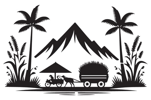 Rural Farm Landscape with Mountain Silhouette Art Design vector