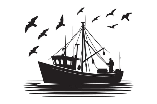 Commercial Fishing Boat Silhouette Illustration Seagulls Flying Maritime Scene vector