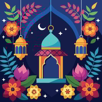 Festive Night Design with Mosque and Lanterns vector