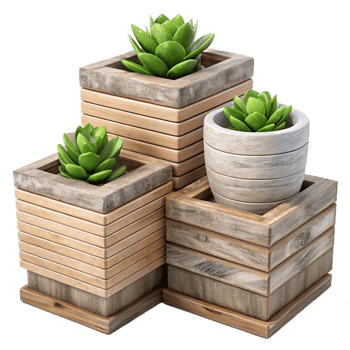 dramatic artistic Stacked Planters Wood Grain Transparent Background exclusive png