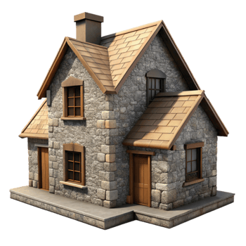 dramatic traditional Stone Farmhouse Isolated on Transparent Background Front View professional png