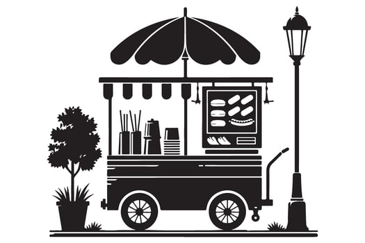 Vintage Hot Dog Cart Silhouette Illustration Beside Street Lamp Tree vector