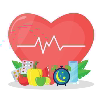 Healthy heart icon with medicine, food and more. Heart disease prevention. Medicine and healthcare. vector