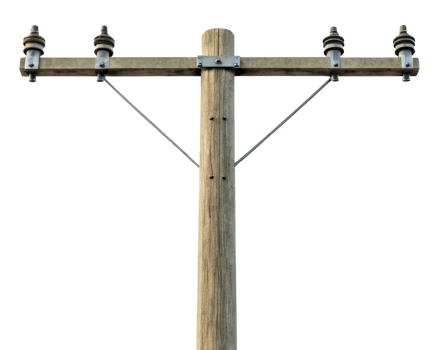 Wooden utility pole with crossarm and insulators on a transparent background png
