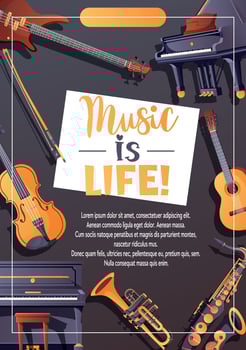 Music flyer with instruments and the text Music is Life vector