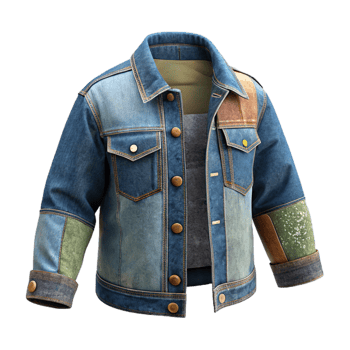 serene creative Upcycled Denim Jacket Patchwork Isolated authentic png