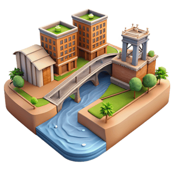 elegant modern Urban Landscape with River and Bridge Isolated high resolution png