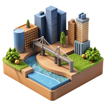 vibrant modern Urban Landscape with River and Bridge Isolated professional png