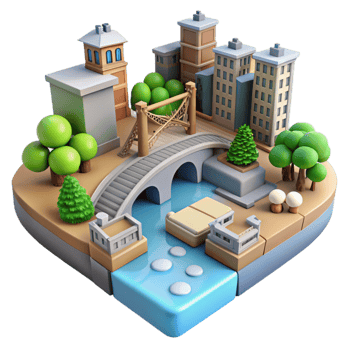 extraordinary contemporary Urban Landscape with River and Bridge Isolated premium png