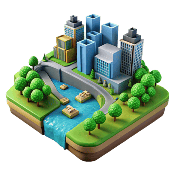 impressive creative Urban Landscape with River and Bridge Isolated detailed png