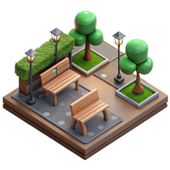 extraordinary vintage Urban Park with Benches Isometric View Isolated high quality png