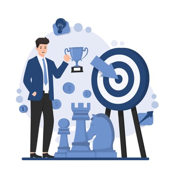 Business strategy Businessman with trophy and chess. illustration in flat style. vector
